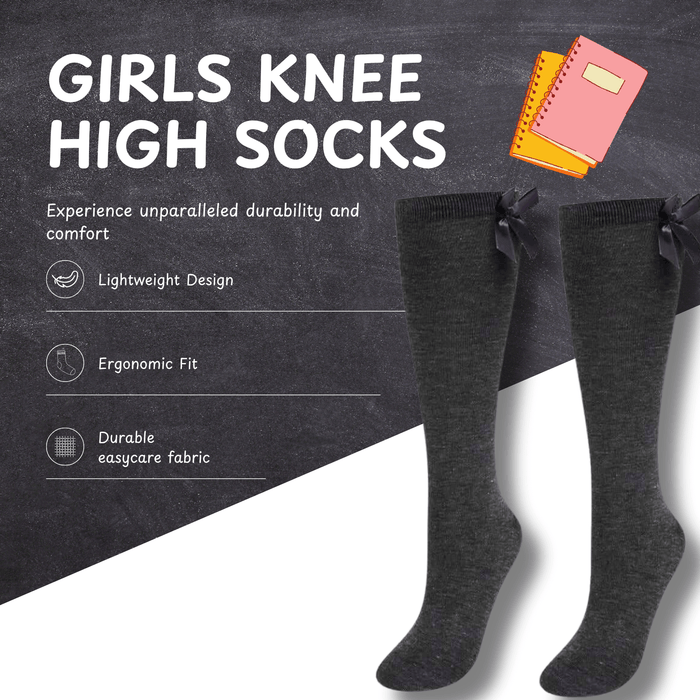 Girls' Knee High School Socks 6 Pack, Ribbon Bows, Ages 3 to 12, image 2