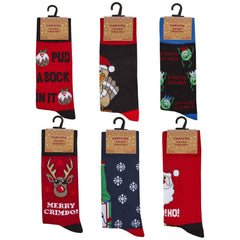 Men's Christmas Socks Pack Of 6 Pairs Cotton Rich Festive Novelty Santa