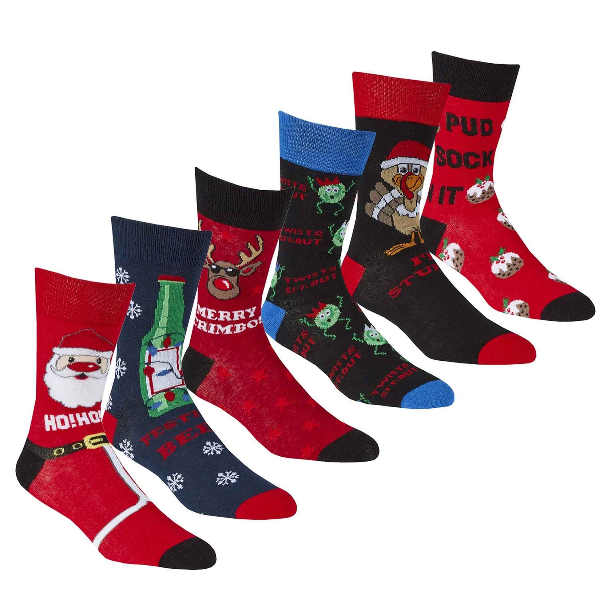 Men's Christmas Socks Pack Of 6 Pairs Cotton Rich Festive Novelty Santa