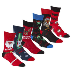 Men's Christmas Socks Pack Of 6 Pairs Cotton Rich Festive Novelty Santa