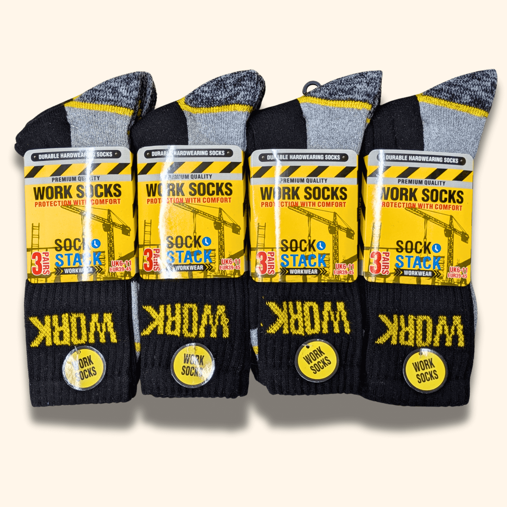Men's Heavy Duty Work Socks 6 Pairs Cushion Sole Reinforced Toe And Heel Black Cotton Rich