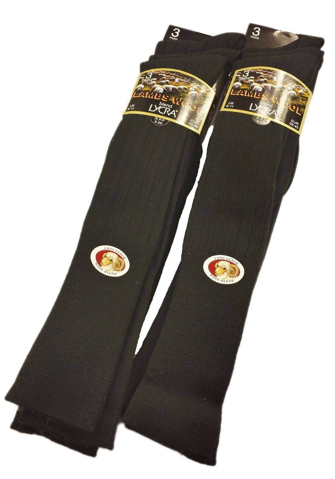 Men's Wool Knee High Hiking Socks Cushioned Arch Support 6 Pairs Black Durable