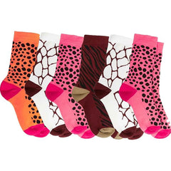 6 Pack Women's Cotton Rich Animal Print Boot Socks With Reinforced Heel UK 4-7