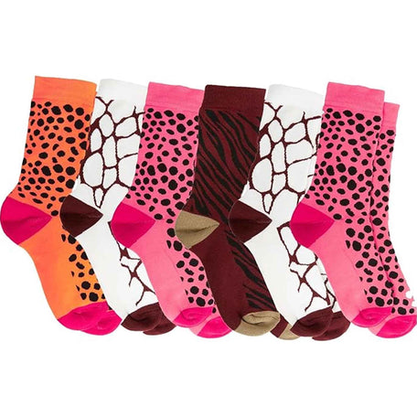 6 Pack Women's Cotton Rich Animal Print Boot Socks With Reinforced Heel UK 4-7