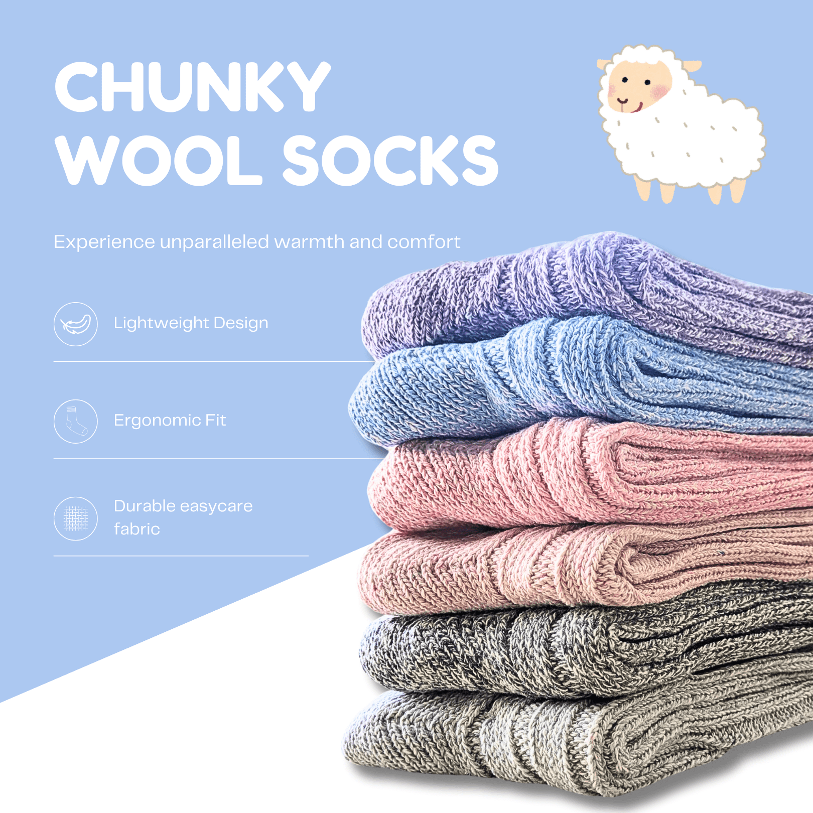 Women's Chunky Wool Thermal Socks 6 Pairs UK 4-7 EU 37-40 Assorted Colours