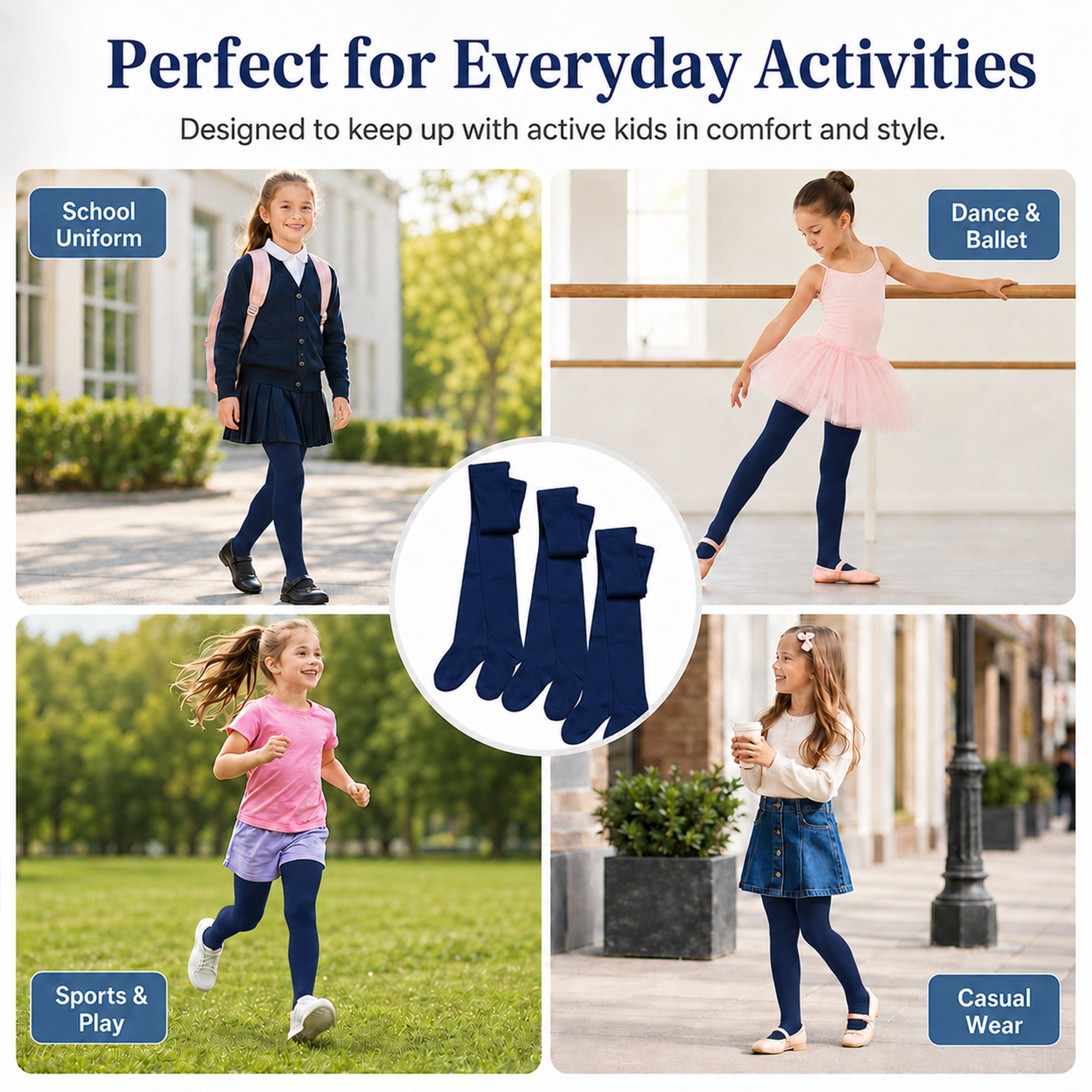 Girls' Cotton Lycra School Tights 3 Pack – Ages 3–12