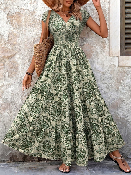 Elegant Printed Patchwork Maxi Dress – V-Neck & Batwing Sleeves