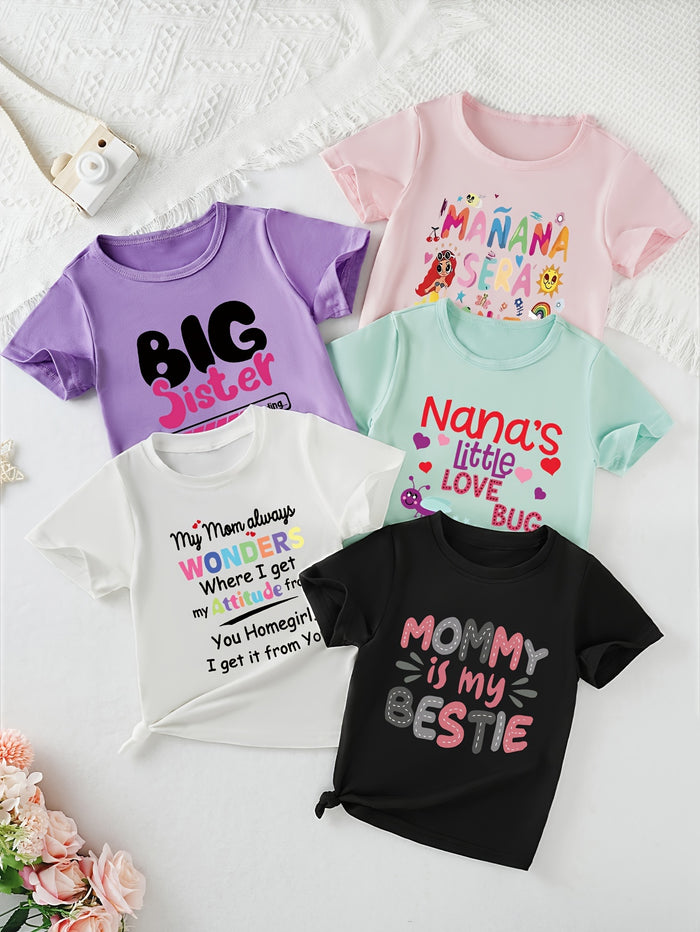 5-Pack Girls' "Mama & Big Sister" Print T-Shirts, Casual Summer Tees