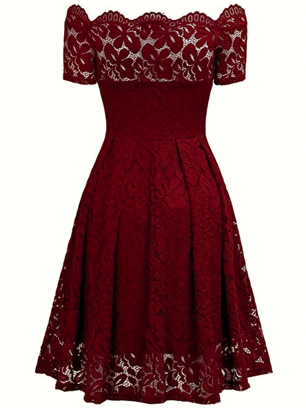 Elegant Off-Shoulder Lace Dress – A-Line & Short Sleeve
