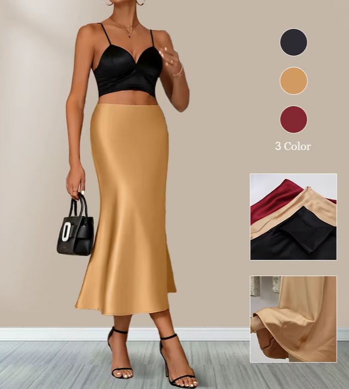 Women's Satin Midi Skirt, High Waist A-Line Silky Pencil Skirt