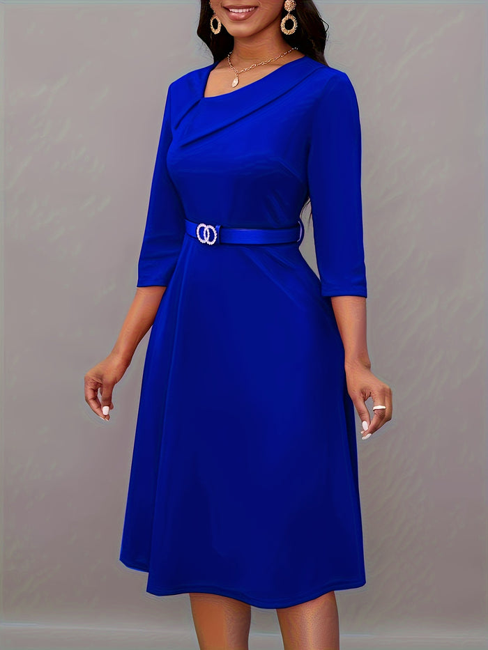 Elegant Royal Blue Off-Shoulder Midi Dress, Belted & Pleated Design