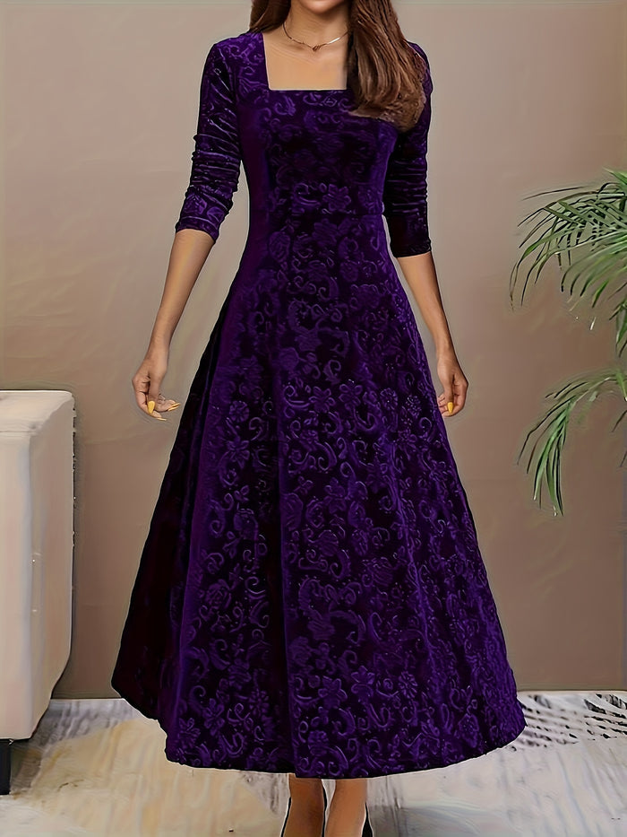 Elegant Floral Velvet A-Line Dress, Square Neck & Long Sleeves, image 2