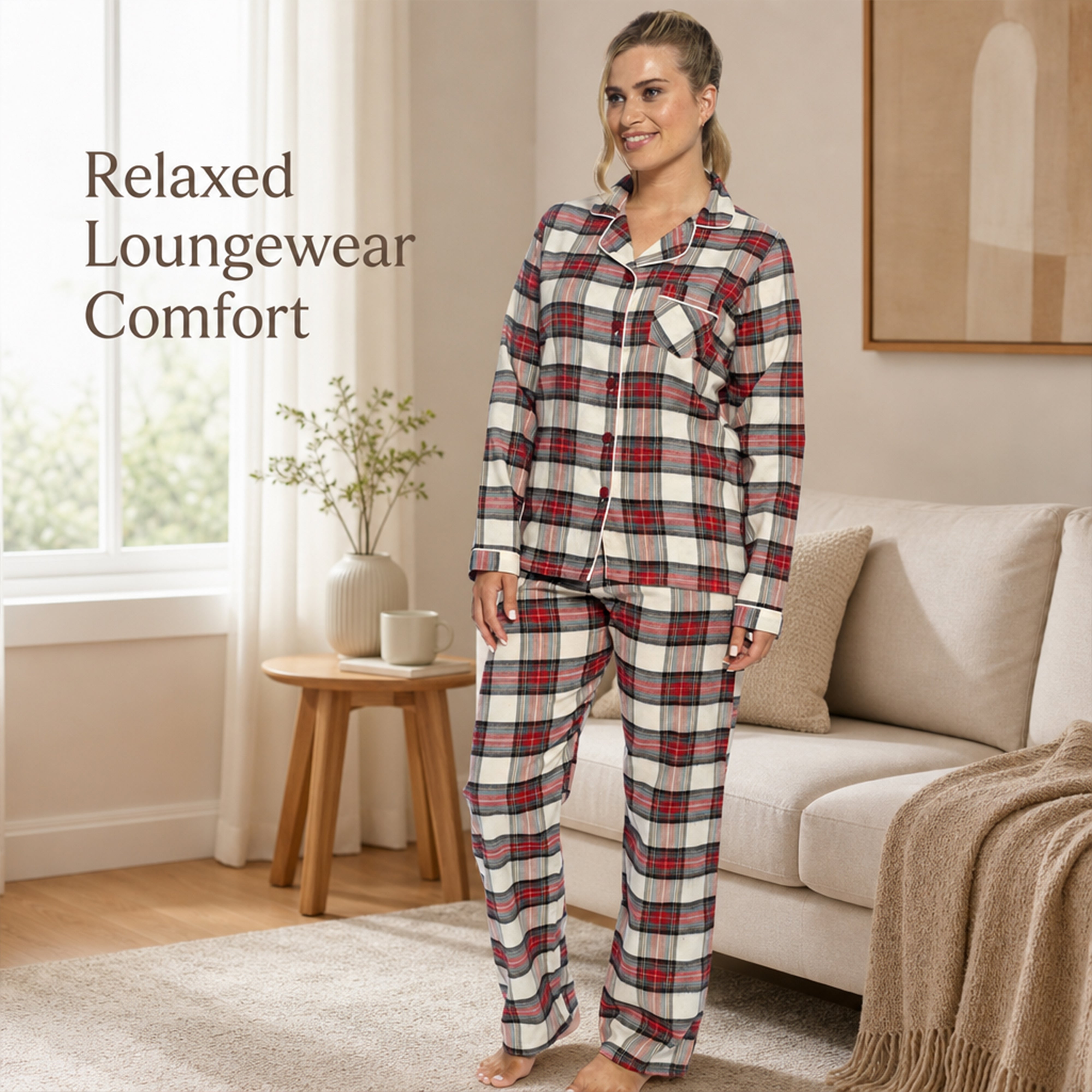 Women's Flannelette Check Pyjama Set Soft Brushed Cotton Easy Care