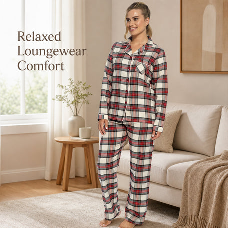 Women's Flannelette Check Pyjama Set Soft Brushed Cotton Easy Care