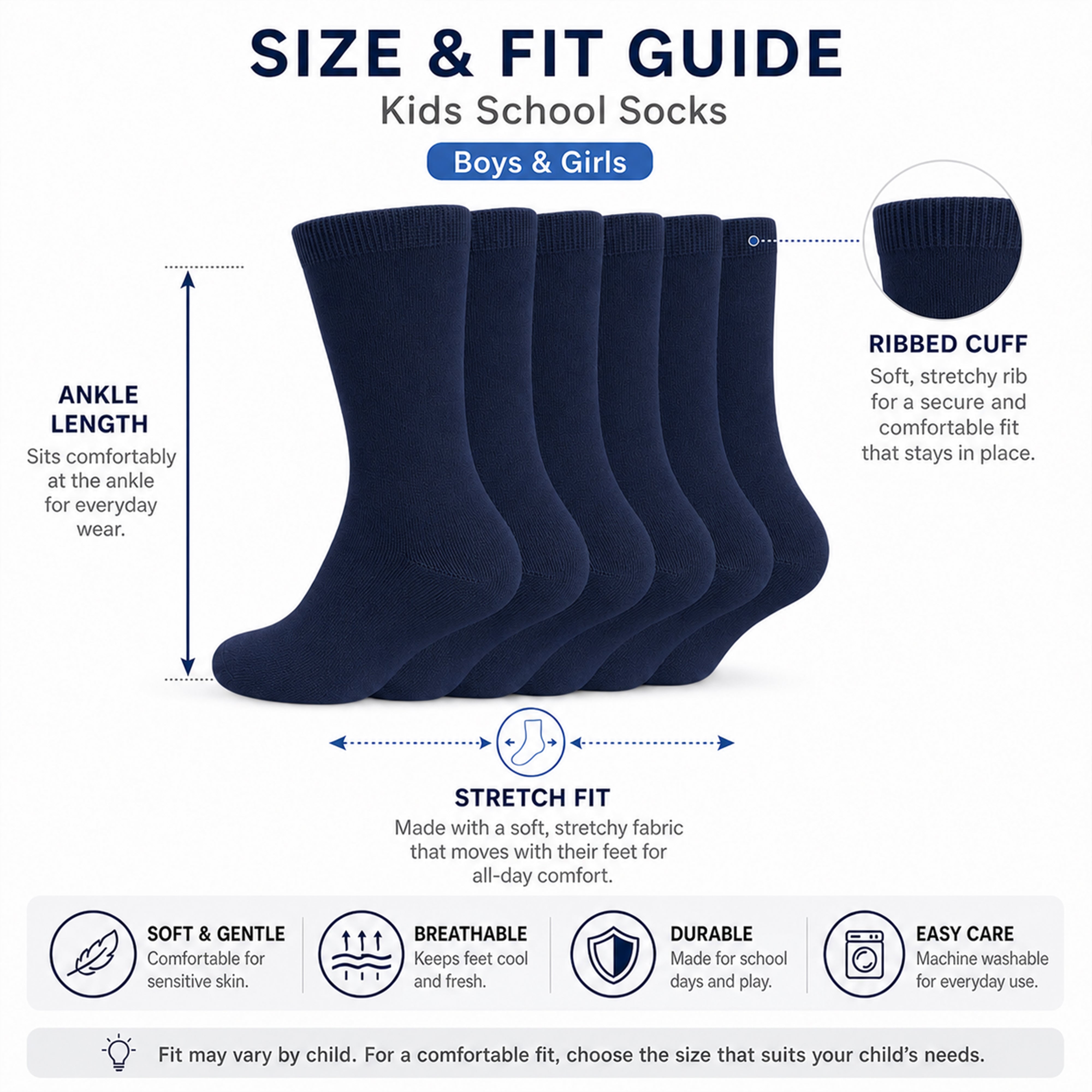 6 Pairs Kids' Cotton Rich School Socks Ankle Breathable Durable Uniform Unisex