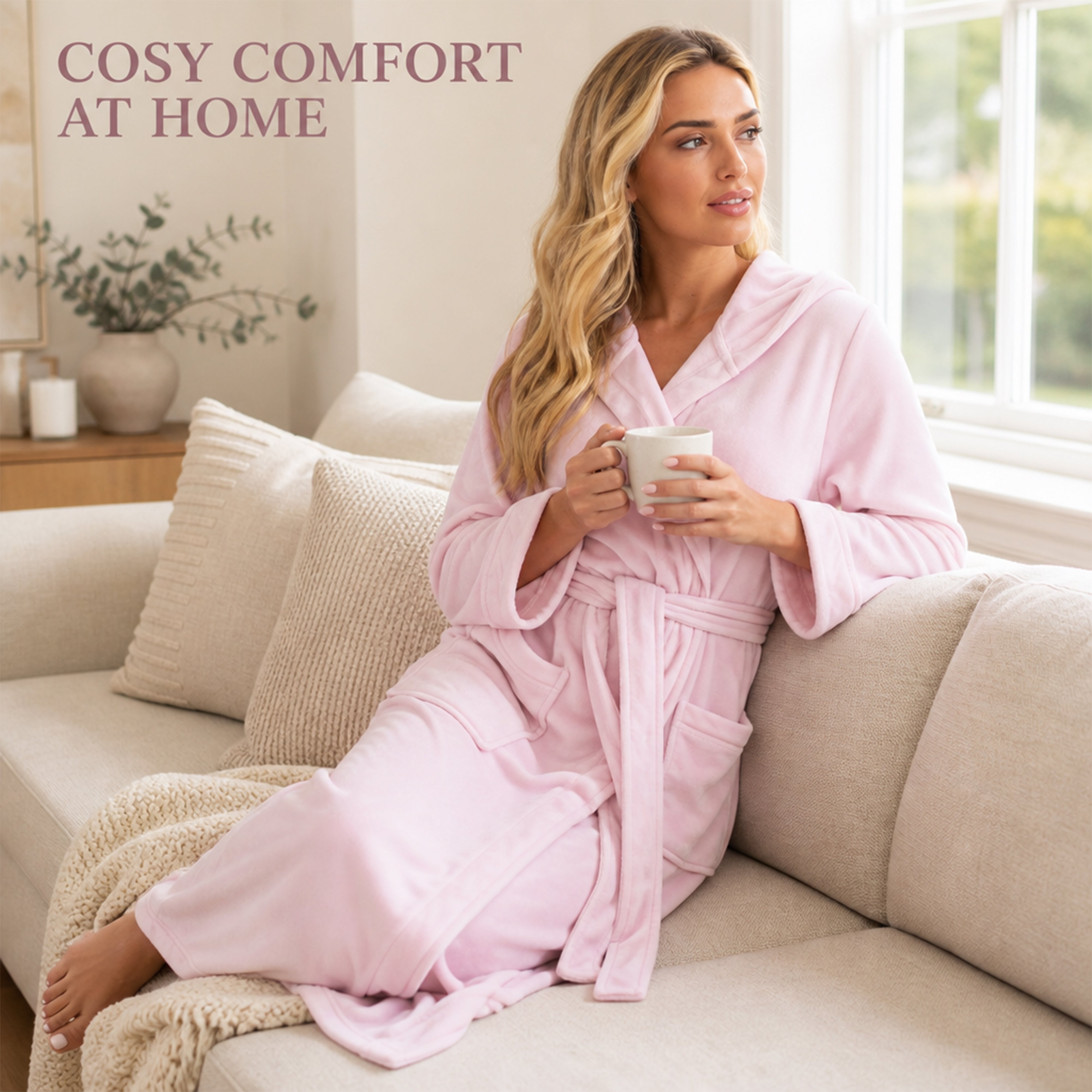 Women's Hooded Velour Bathrobe Ultra Soft Luxurious Pink And Grey