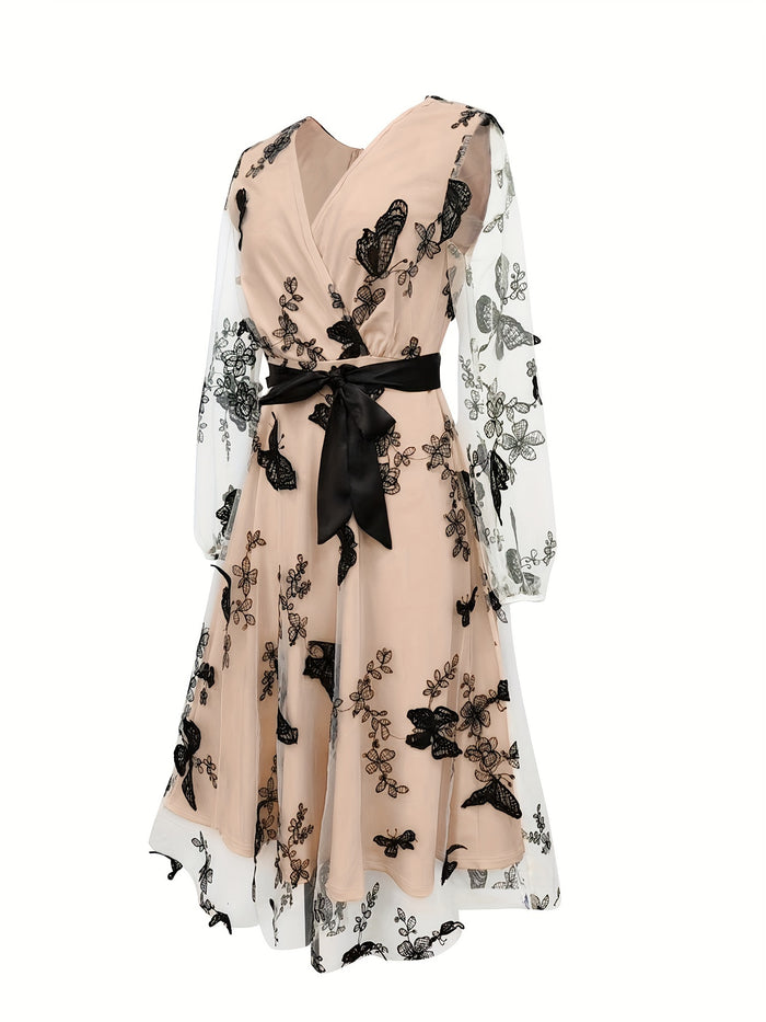 Elegant Butterfly Print Tulle Dress, V-Neck & Waistband, image 2