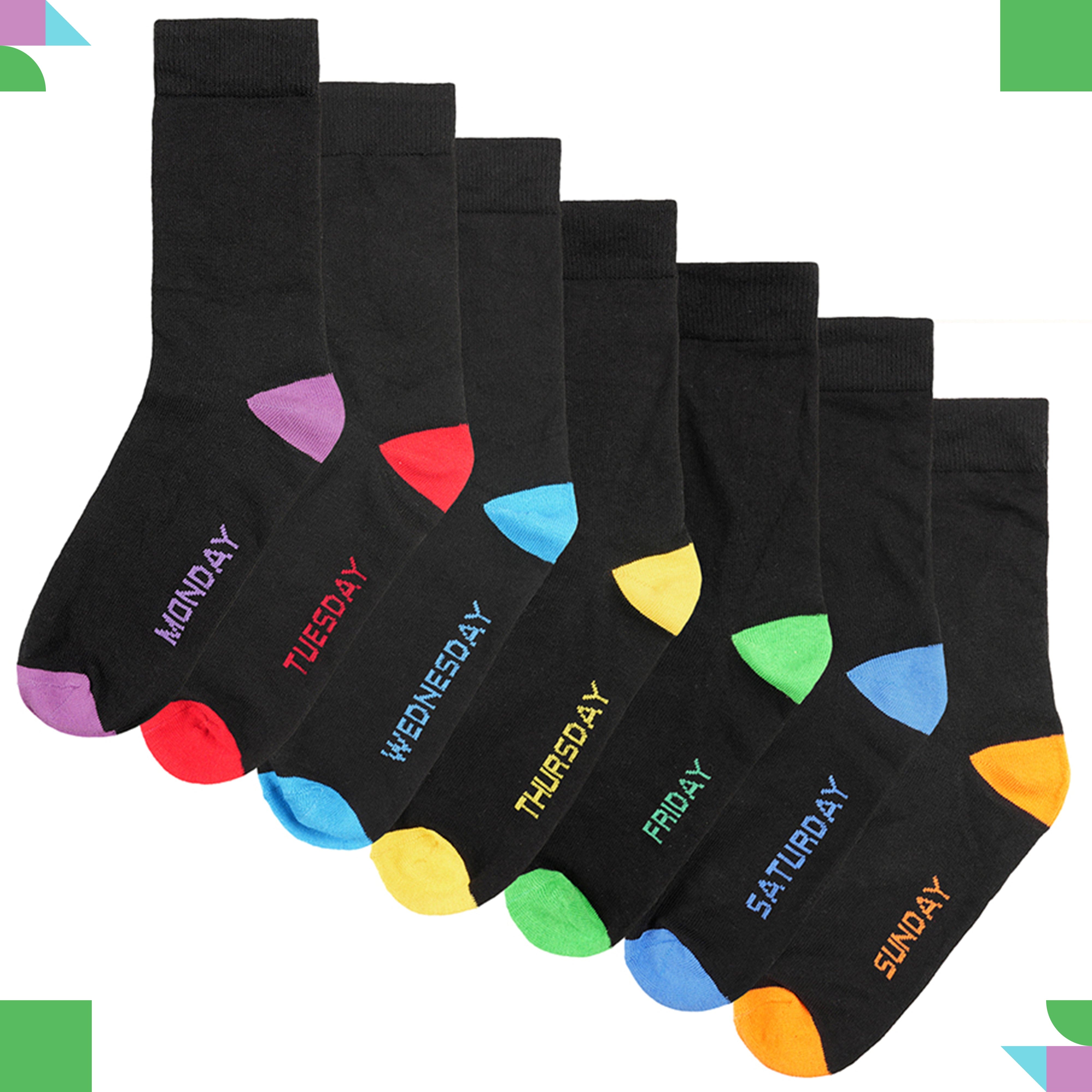 Days Of The Week Socks 7 Pack Cotton Rich Black With Multi colour Heel And Toe