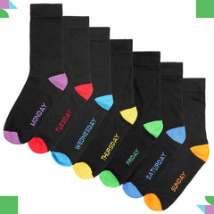 Days Of The Week Socks 7 Pack Cotton Rich Black With Multi colour Heel And Toe