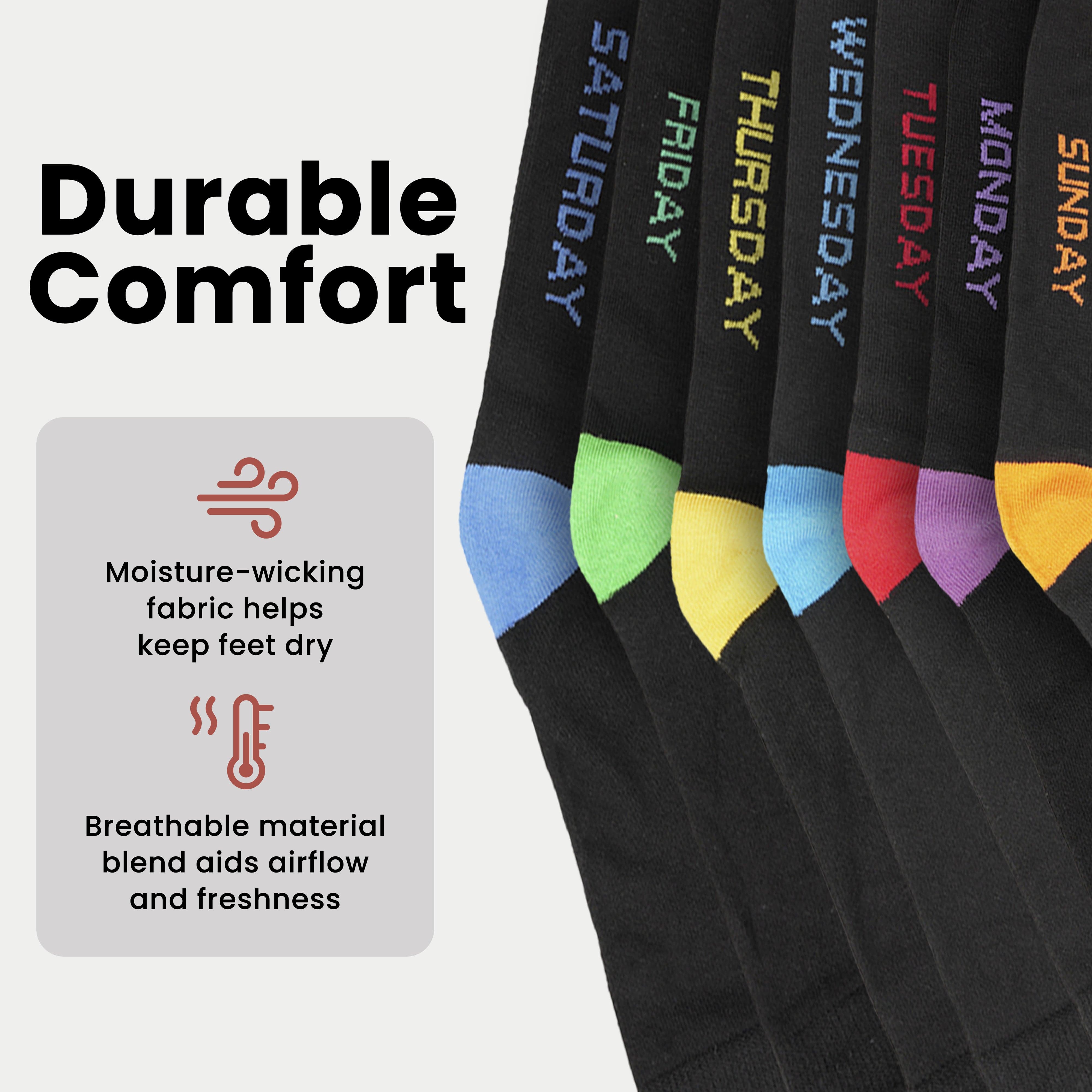 Days Of The Week Socks 7 Pack Cotton Rich Black With Multi colour Heel And Toe