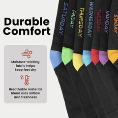 Days Of The Week Socks 7 Pack Cotton Rich Black With Multi colour Heel And Toe