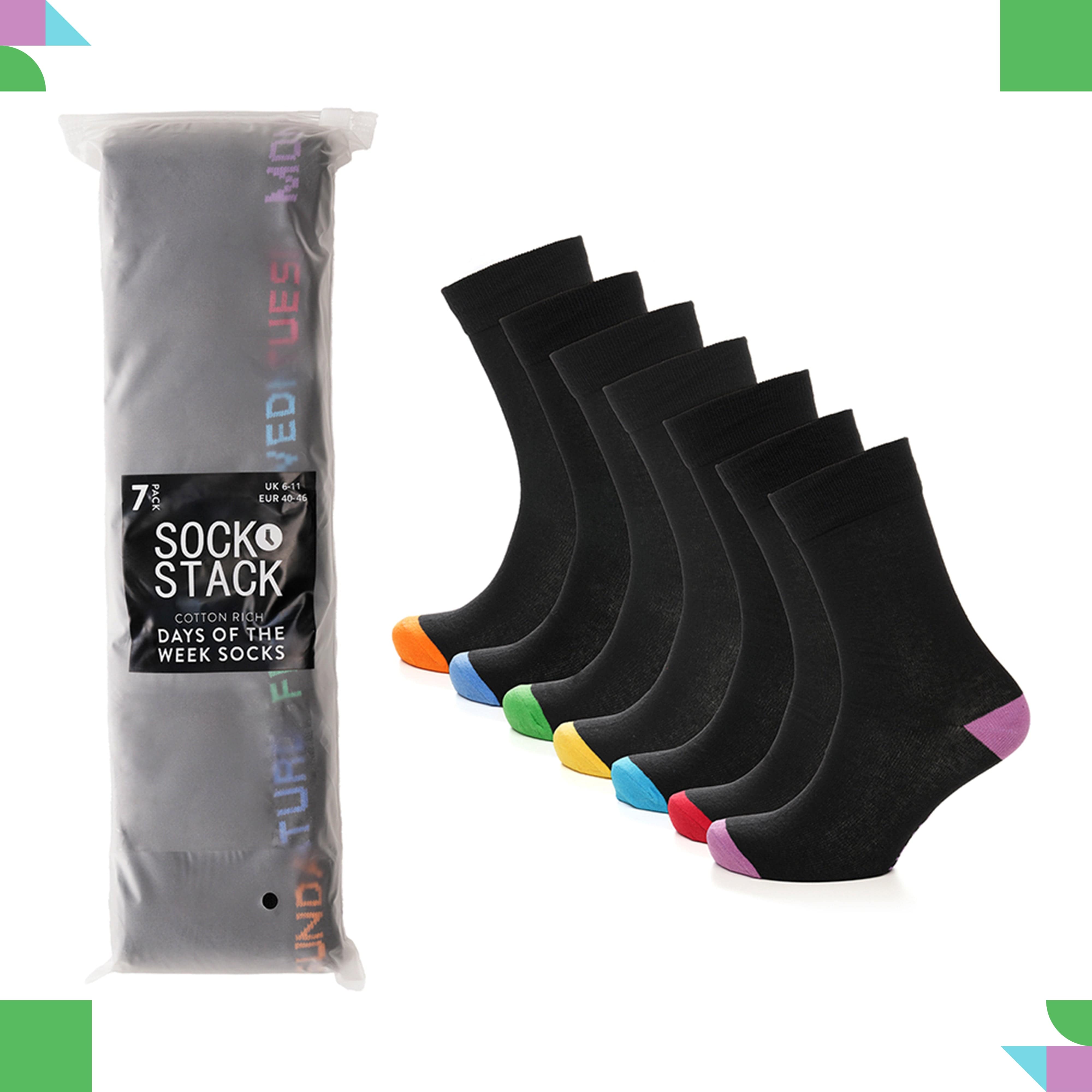 Days Of The Week Socks 7 Pack Cotton Rich Black With Multi colour Heel And Toe
