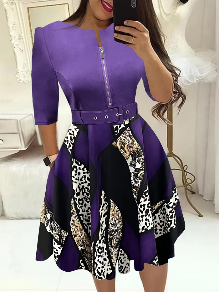 Elegant Leopard Print Zip Dress, Belted & 3/4 Sleeves