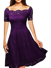 Elegant Off-Shoulder Lace A-Line Dress – Short Sleeve & All-Season