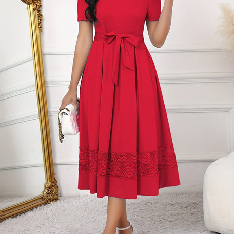 Elegant Lace Patchwork Midi Dress – Belted & Flattering Fit