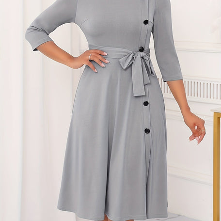 Elegant Belted Midi Dress – Asymmetric Neck & Three-Quarter Sleeves