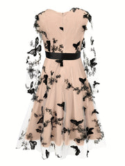 Elegant Butterfly Print Tulle Dress – V-Neck & Waistband