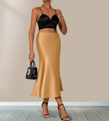 Women's Satin Midi Skirt – High Waist A-Line Silky Pencil Skirt