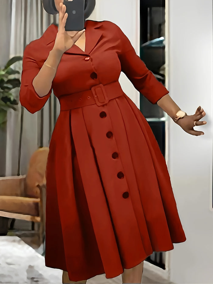Elegant Belted A-Line Midi Dress, Lapel Collar & Three-Quarter Sleeves
