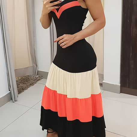 Colour-Blocked Spaghetti Strap Dress – Ruffle Detail & V-Neck