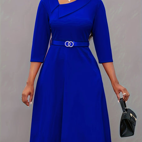 Elegant Royal Blue Off-Shoulder Midi Dress – Belted & Pleated Design