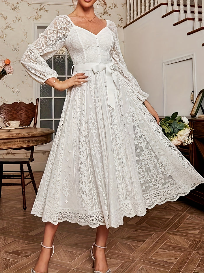 Elegant Guipure Lace Belted Dress, Sweetheart Neck & Long Sleeves, image 2