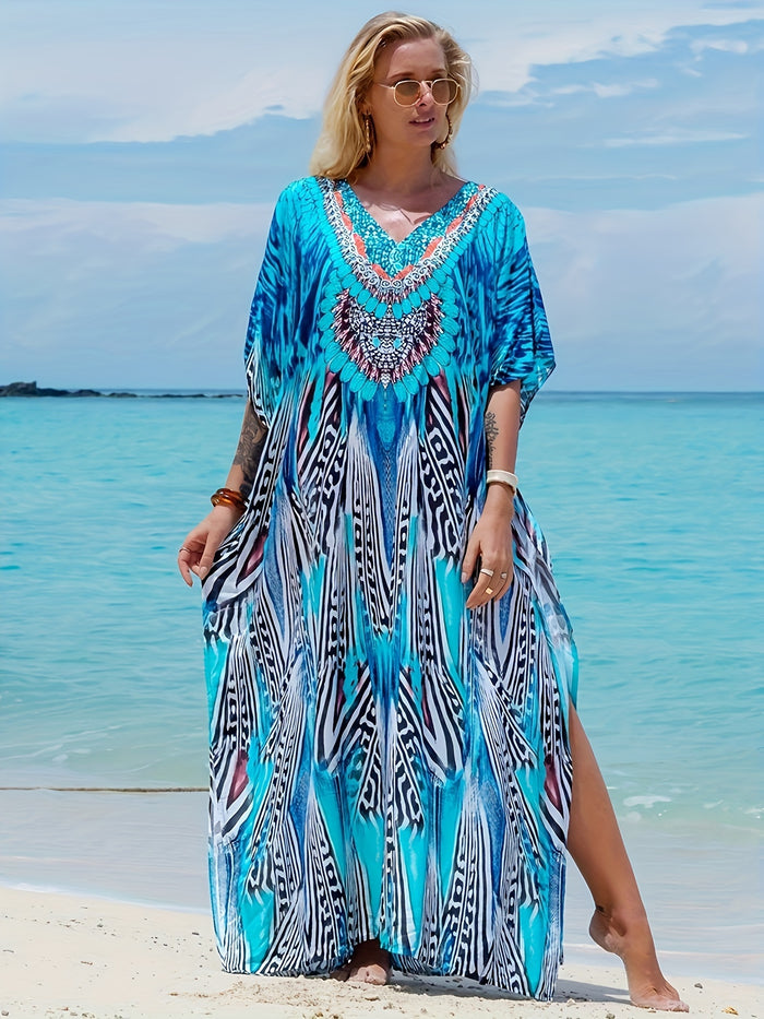 Bohemian Floral V-Neck Kaftan Dress, Loose Fit & Batwing Sleeves