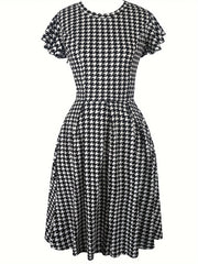 Chic Houndstooth Ruffle Sleeve Dress – Classic & Flattering