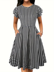Chic Houndstooth Ruffle Sleeve Dress – Classic & Flattering