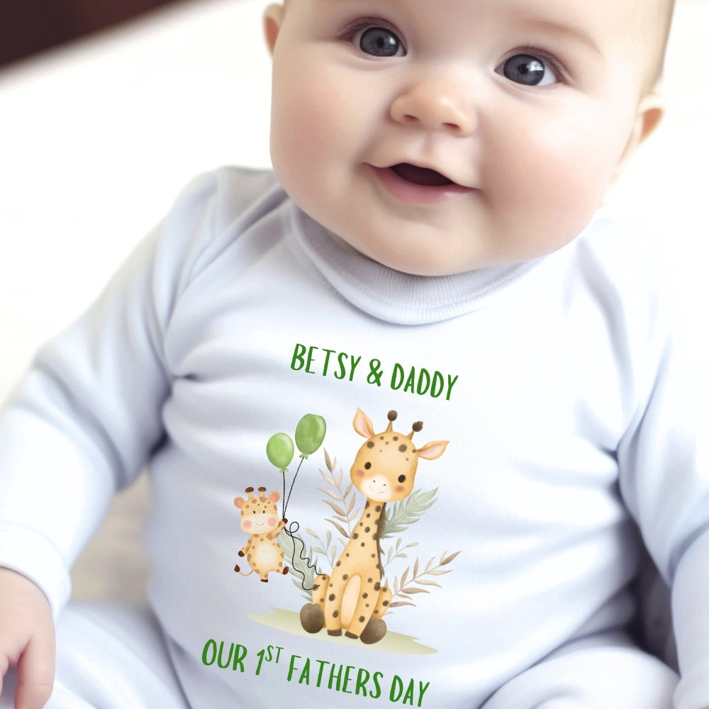 Personalised 1st Father's Day Giraffe Baby Grow, Vest or Bib