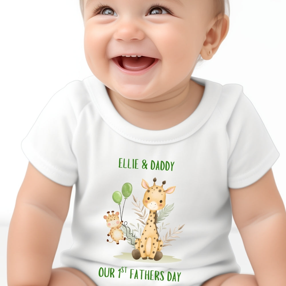 Personalised 1st Father's Day Giraffe Baby Grow, Vest or Bib