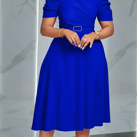 Elegant V-Neck Flowy Knit Dress – Puff Sleeves & Knee-Length