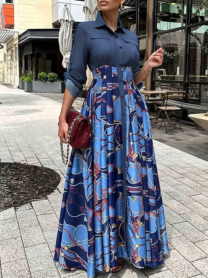 Button-Front Flared Maxi Dress, Roll-Up Sleeves & Colour Block
