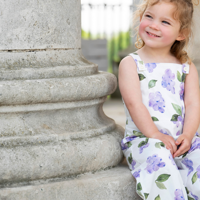 White Daisy Girls' Grape Print Dungarees, Adjustable Button Straps, image 2
