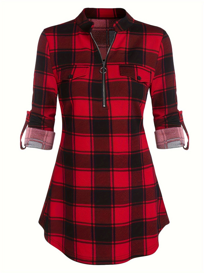 Casual Plaid Drawstring Dress, Long Sleeve & Fit-and-Flare