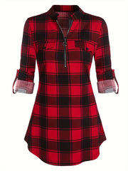 Casual Plaid Drawstring Dress – Long Sleeve & Fit-and-Flare