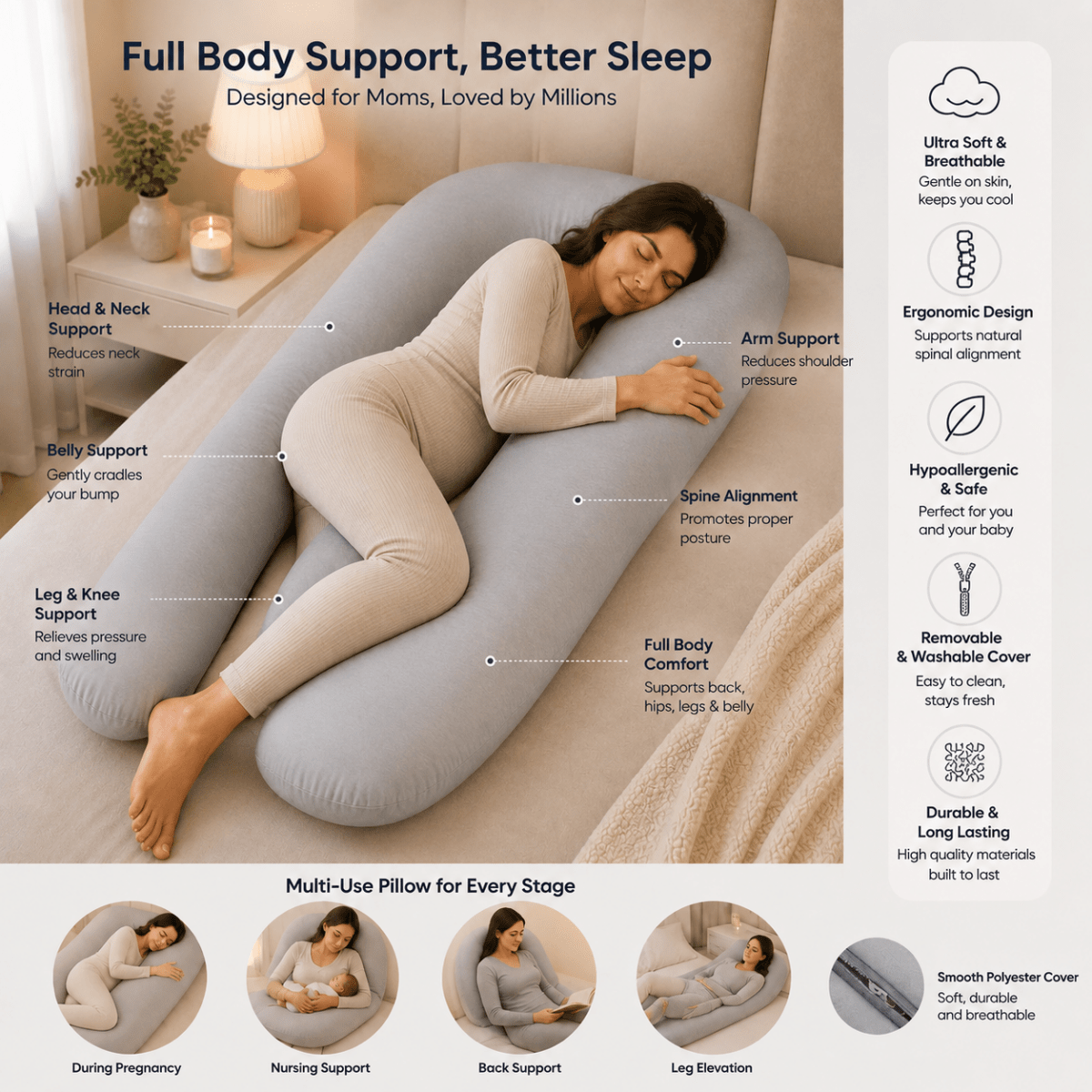9ft Maternity Pillow & Case – White, Full Body Pregnancy Pillow