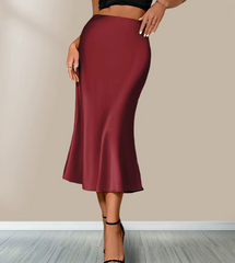 Women's Satin Midi Skirt – High Waist A-Line Silky Pencil Skirt