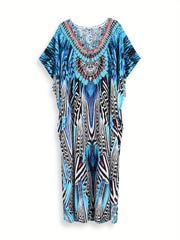 Bohemian Floral V-Neck Kaftan Dress – Loose Fit & Batwing Sleeves