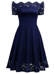 Elegant Off-Shoulder Lace A-Line Dress – Short Sleeve & All-Season